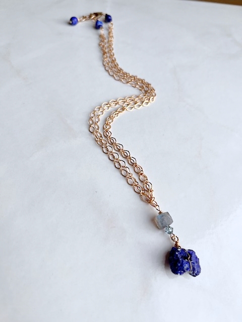 An Azurite Druzy, Lapis, Labradorite Gold Chain Necklace